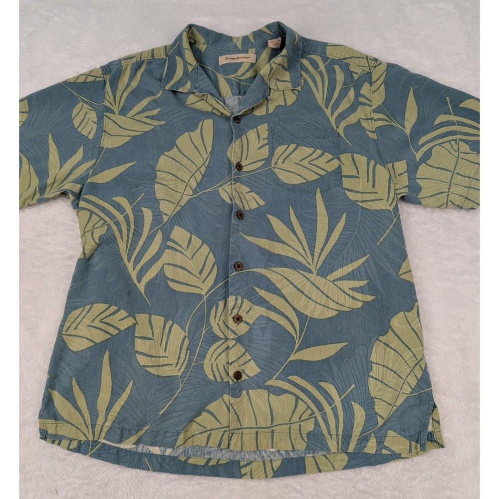 Tommy Bahama 100% Silk Men's Size XL Blue Floral Hawaiian Palm Tree Shirt *Flaws
